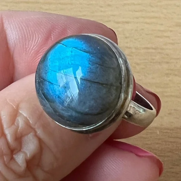 VINTAGE LARGE LABRADORITE CABOCHON RING 925 STERLING SILVER BLUE ETHEREAL GLOW